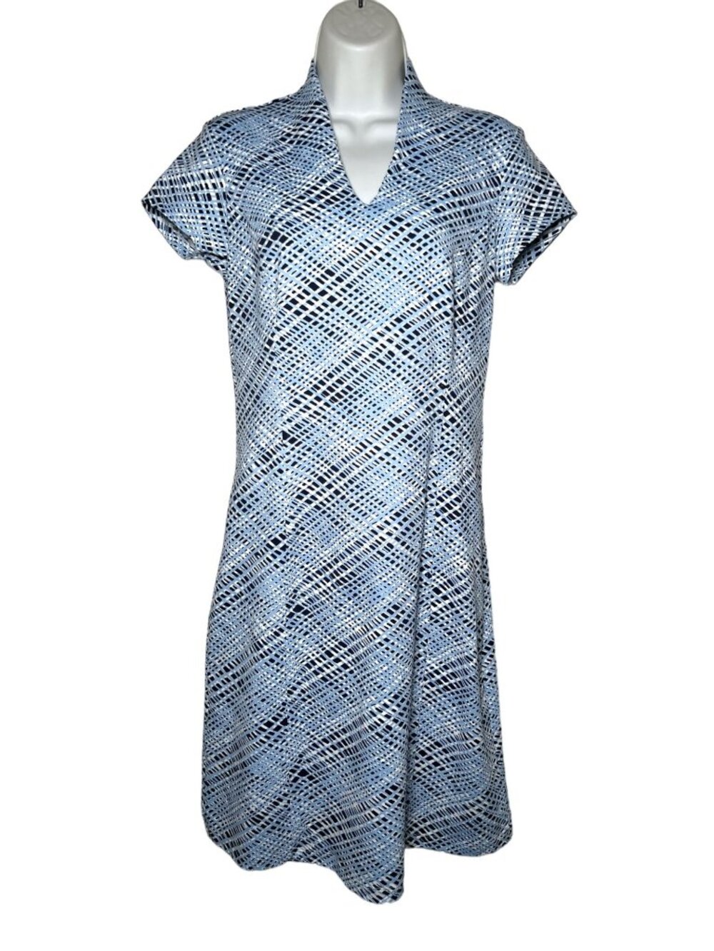 J. McLaughlin Ivana Mini Dress Light Blue Crosshatch Print Cap Sleeve XS